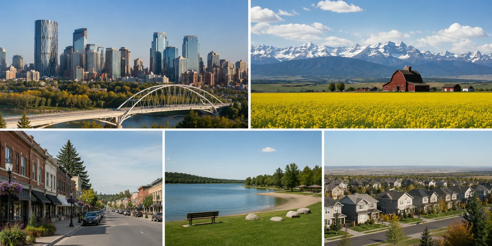 A collage of Central Alberta communities - downtown Red Deer, canola country, small-town main streets, lakefront and new neighbourhoods