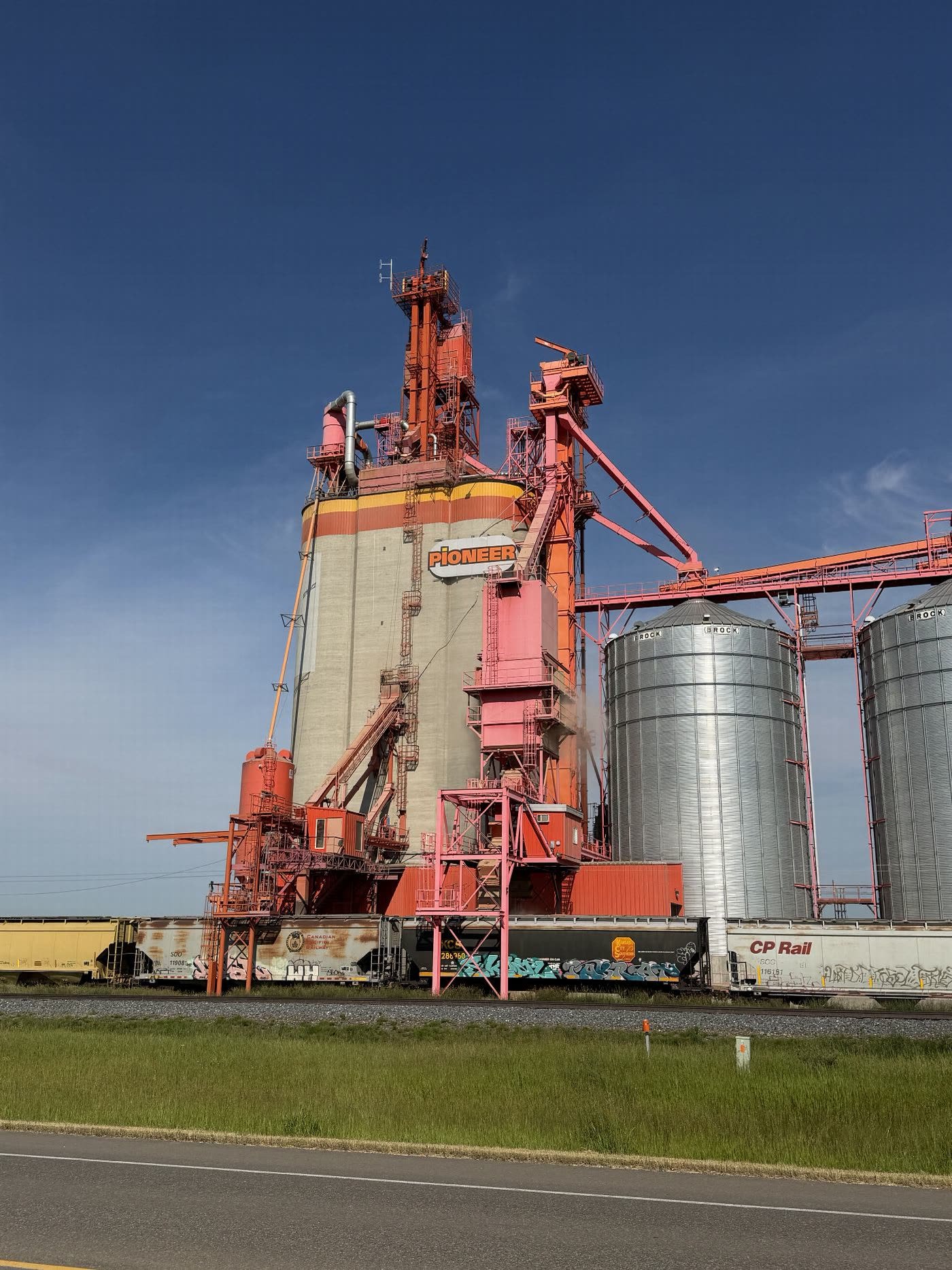 Grain elevator and CP rail line in Central Alberta